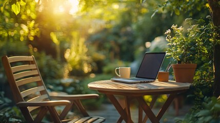 Wall Mural - Outdoor work setup with laptop smartphone and coffee on a small patio table enjoying a refreshing garden view symbolizing work-life harmony Teleworking concept with side empty space for text