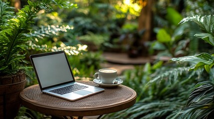 Fototapete - Outdoor work setup with laptop smartphone and coffee on a small patio table enjoying a refreshing garden view symbolizing work-life harmony Teleworking concept with side empty space for text