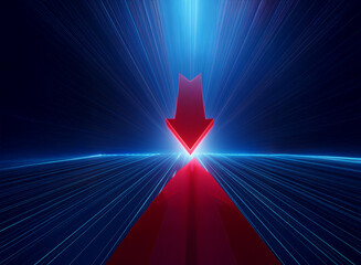 Aufkleber - A red arrow points downward in a futuristic, blue and black, abstract background. The arrow appears to be resting on a flat plane.