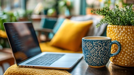 Fototapete - Modern home office setup with ergonomic desk chair laptop and coffee cup creating a productive work environment Teleworking concept with side empty space for text Stockphoto style