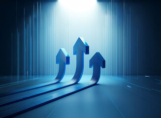 Aufkleber - Three blue arrows pointing upwards in a dark, abstract digital space illuminated by a bright light.