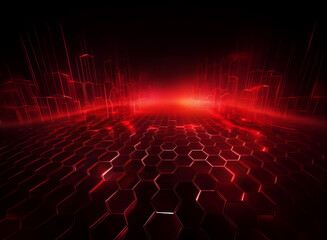 Fototapete - A glowing red cityscape rises from a hexagonal grid, receding into a distant horizon.