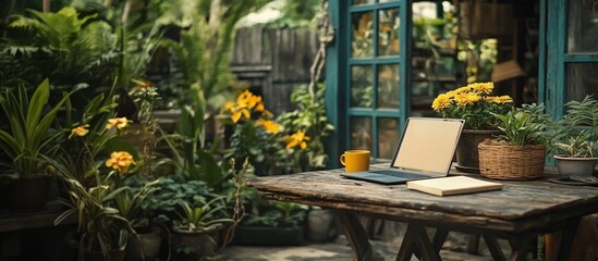 Wall Mural - Home office desk with a laptop coffee mug and notebook surrounded by natural light and plants emphasizing a calm and productive atmosphere Teleworking concept with side empty space for text