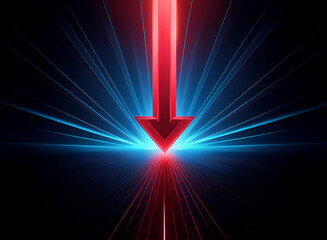 Aufkleber - A glowing red arrow pointing downwards with blue streaks of light radiating out from its base.
