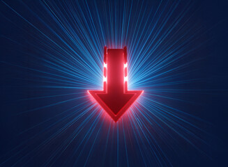Aufkleber - A bright red arrow pointing down with blue neon lights radiating outwards.