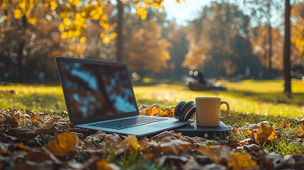 Fototapete - Laptop open with wireless headphones and a coffee mug on a small garden table enjoying a natural outdoor workspace Teleworking concept with side empty space for text Stockphoto style