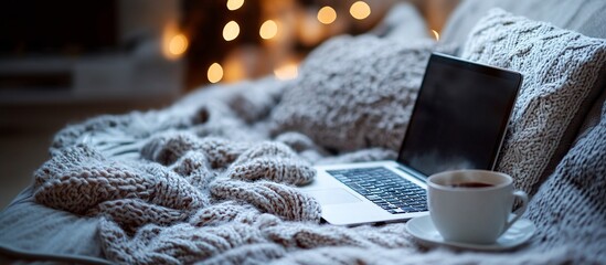 Fototapete - Casual home setup with laptop on a cozy couch surrounded by comfortable pillows representing a laid-back work environment Teleworking concept with side empty space for text Stockphoto style