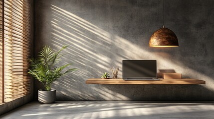 Fototapete - Minimalist workspace with a standing desk laptop monitor and essential tools creating an efficient remote office environment Teleworking concept with side empty space for text Stockphoto style