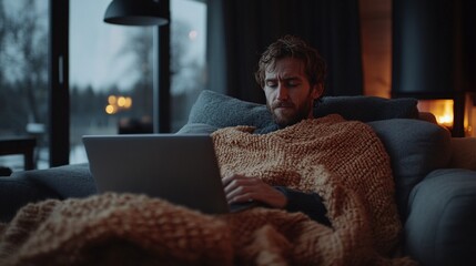 Fototapete - Individual focused on a laptop while sitting in a modern living room combining comfort and productivity Teleworking concept with side empty space for text Stockphoto style