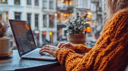 Fototapete - Person working from a laptop at a small cafe table surrounded by cozy ambiance emphasizing flexibility and comfort Teleworking concept with side empty space for text Stockphoto style