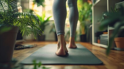 Wall Mural - Person stretching on a yoga mat near a home office desk balancing work and wellness Teleworking concept with side empty space for text Stockphoto style