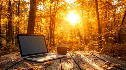 Wall Mural - Laptop on a clean wooden desk with a notebook coffee cup and sunlight streaming in creating a productive home office atmosphere Teleworking concept with side empty space for text Stockphoto style