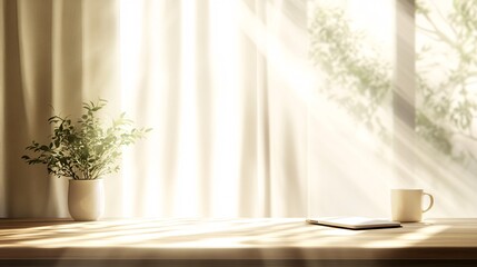 Fototapete - Laptop on a clean wooden desk with a notebook coffee cup and sunlight streaming in creating a productive home office atmosphere Teleworking concept with side empty space for text Stockphoto style