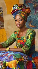 A woman in vibrant traditional attire poses gracefully in a colorful setting.