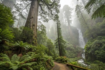 Wall Mural - Breathtaking Majestic Rainforest Scene with Towering Trees and Lush Greenery in a Misty Atmosphere for Nature Lovers and Eco-Travelers