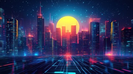 Wall Mural - A futuristic cityscape with neon lights and a glowing sun in the background, with a grid pattern in the foreground.