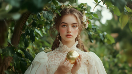 Ethereal portrait of a young woman in a floral setting