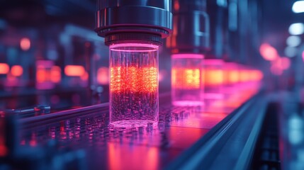 Closeup of a futuristic production line with glowing tubes filled with red liquid.