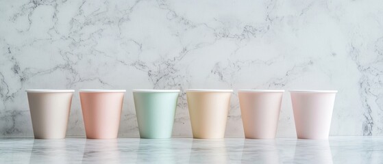 Poster - A row of six cups of different colors are lined up on a marble countertop