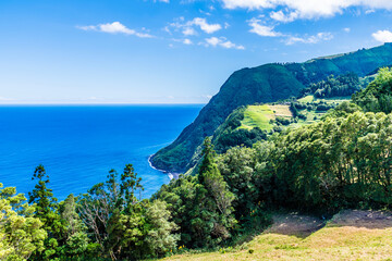 Wall Mural - A view past trees towards cliffs from the viewpoint at Sossego on the island of Sao Miguel in the Azores in summertime