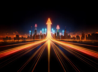 Poster - A city skyline with a large glowing arrow pointing upward at the end of a highway with streaks of light.