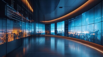 Wall Mural - a futuristic hallway with large screens displaying data and a city skyline view.