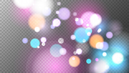 Poster - Vibrant bokeh lights. Bright blur light effect. Abstract blurred overlay design. Transparent background. Vector illustration.