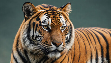 Wall Mural - a close-up of a tiger's face, showing its distinctive stripes and piercing gaze