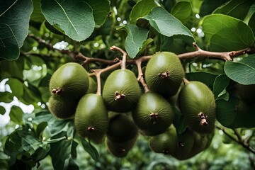 Wall Mural - A branch of fresh kiwis surrounded by dark green leaves in a tropical orchard, Ai Generated