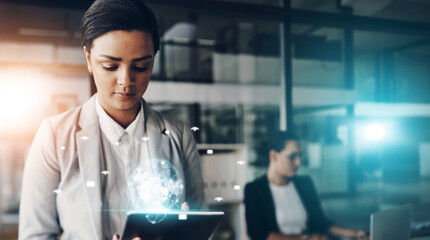 Aufkleber - Hologram, tablet and business woman in office on tech for global networking, online connection and research. Professional, corporate and worker with digital ui for website, internet and cyber world