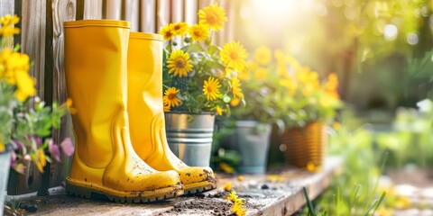 Yellow Gardening Boots in Blooming Garden Spring Sunlight with Colorful Flowers and Rustic Wooden Deck, Copy Space Banner