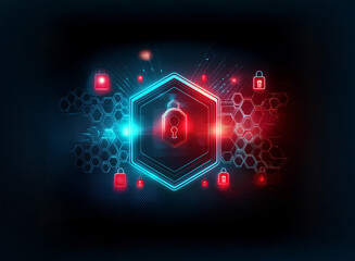 Poster - A glowing blue hexagon with a padlock icon in the center, surrounded by smaller red padlocks and a dark blue digital background.