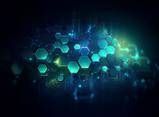 Leinwandbilder - Abstract digital art with glowing blue and green hexagonal patterns against a dark background.