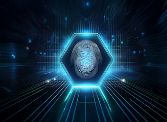 Fototapete - A digital, hexagonal frame glows with blue light, revealing a circuit board within a dark, futuristic setting.