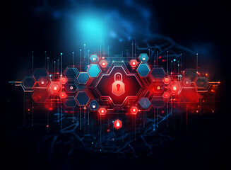 Aufkleber - A red padlock icon surrounded by blue and red hexagons and glowing lines on a dark background.