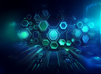 Fototapete - A dark blue background with a glowing green and blue hexagon pattern. The hexagons are connected by lines and appear to be floating in space.