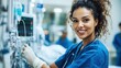 © kwangze - Smiling healthcare professional working with medical equipment in a clinical setting.