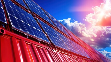 Solar Panels Mounted on a Red Container with a Bright Blue Sky and Fluffy Clouds, Showcasing Renewable Energy Technology and Sustainable Solutions