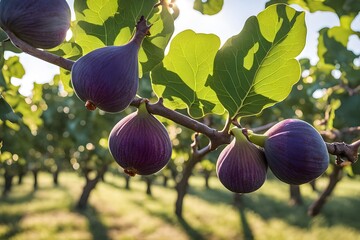 Wall Mural - A fig tree branch in a sunlit orchard with figs turning from green to purple, Ai Generated