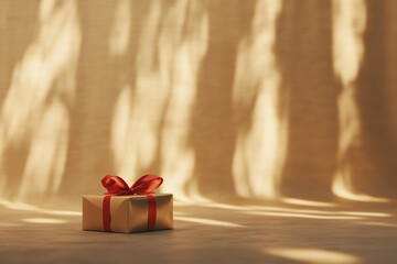 Wall Mural - Gift box with a red bow on a gold colored background. Christmas gifts. 