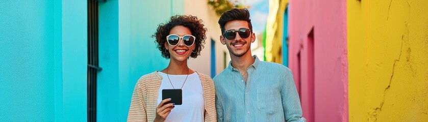 A vibrant street scene featuring two cheerful individuals wearing sunglasses, smiling and posing against colorful, painted walls.