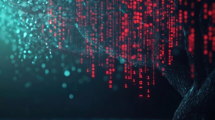 A digital tree with red binary code flowing down the branches, against a blue and green background.