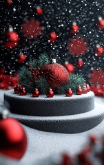 Aufkleber - Festive Red and White Christmas Decoration with Ornaments and Snowflakes on Black Background : Generative AI