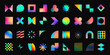 © Your Local Llamacorn - Holographic geometric forms, abstract brutalism shapes with iridescent foil effect. Shiny metallic rainbow stickers of different shapes, colorful neon gradient graphic design element vector set