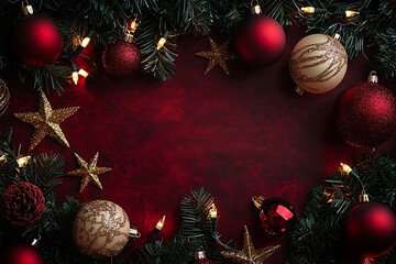 Aufkleber - Traditional Christmas Decorations with Red Baubles Pine Garland and Star Accents : Generative AI