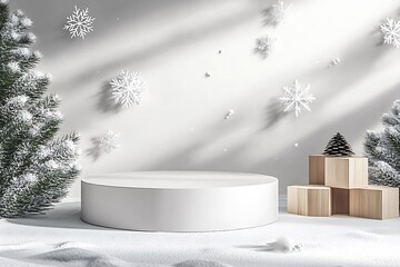 Aufkleber - Minimalist Winter Scene with Snowflakes and Pine Trees Featuring Wooden Cubes and Circular Podium : Generative AI