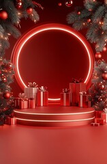 Poster - Vibrant Holiday Gift Scene with Neon Red Lights and Presents Amidst Christmas Tree Decorations : Generative AI