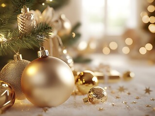 Aufkleber - Elegant Golden Christmas Ornaments on Decorated Tree with Soft Focus Lights : Generative AI