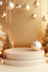 Poster - Gold and White Christmas Decorations with Empty Showcase Platform for Festive Display : Generative AI