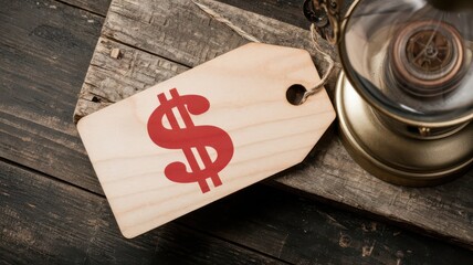 A wooden price tag featuring a red dollar sign rests beside an antique lantern on a rustic wooden surface.